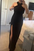 I ordered this dress for a wedding I'm in this summer. It's pretty big on the top/bust area so I'll need to get the straps taken in so it fits tightly across the bust. Other than that, it's snug but not too tight through my hips and stomach. For reference, I'm more apple shaped. The length is pretty much perfect for my height (5 ft 7) with flats or short heels. I love the open back and unique neckline! - Abby T.