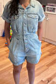 Really sturdy, heavier denim that will definitely not show panty lines or cellulite, but it will likely be heavier/bulkier than you'd like for summer. Probably only wearable in spring or early fall because of how heavy it is. Overall I thought it was really cute but it just wasn't my style. Also, I have a short torso and the top was longer than the bottom so it appears it is cut for a taller person. Definitely give it a try especially if you're on the taller side. Denim never goes out of style! - Marline K.