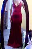 Dress is beautiful and it's true to size. I'm 1.63 meters and 52kg, so it was a bit long for me and had to fix the straps and the length, also because I'm flat. Fabric is pretty but it can be damaged even with your fingernails. In the photo, I was wearing 8cm heels, no fixes yet. - Renee E.