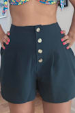 They look exactly like the picture except shorter. The material is nice because it's polyester on outside but a nice soft lining on the inside. They are not the highest quality shorts I own, but nice enough. Definitely measure the inseam and pay attention to the measurement related to length because they are very short. too short for my liking but I kept them because I needed high waist shorts for crop tops and I like the buttons in the center..they place attention there instead of the width of your hips. I recommend especially if you don't mind short shorts. - Marline K.