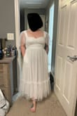I tried on about 10-15 different dresses from Amazon and Lulus for my bridal shower. After over a month of trying on/returning, I finally found my dress! THANK GOD! A lot of my weight is in my belly and I want to do anything that I can to hide that. This dress is not only super cute, comfortable, and good material, but most importantly, [wearing it] makes me feel good about myself. I do have to use my Boomba boob inserts in the chest because my bra & bra straps show, but the Boomba I have is a push-up and really gets the girls up at a comfortable spot. The bottom part of the dress is a tiny bit see-through. I originally tried it on with black Spanx and could see through it slightly. I have a photo with no inserts and black Spanx on and [another] photo without Spanx and with my Boomba inserts. Oh, and there [are] pockets!!! So cute. Love it - Jadie O.