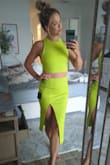 This dress set is very flattering, breathable, and stretchy! The slit does come up high but it looks great! I'm wearing it to my husband's 40th birthday in Key West! - Kaylee F.