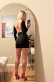 This was a great dress! I've recently gotten pretty fit, so I was glad to show my hard work off a bit in this backless dress. It's quite short and form fitting everywhere, so you need to feel confident when wearing it. Because it's backless, you have to wear no bra or those sticky boob covers (which is what I chose). I think going braless would be rough since this fabric is so thin. I was a bit worried it wouldn't stay up in the back since there are no stays to keep the back in place, but it never once slipped off my shoulders. I felt like once you get it in position, it stays there. The fabric felt a bit cheap (like the sleeves were super thin), but the glitter isn't scratchy, and it held up ok. Just know that the fabric is thin! My one gripe is that the sleeves were a bit short on me. But overall for the price, I am very happy with this dress. - Katie B.