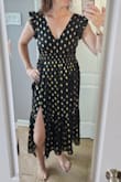 Love the stretch waist and the metallic gold dots, and the black is elegant. It's comfortable and flattering. I bought this for a wedding but can see myself wearing this to many events. I bought this in my normal size Medium (8/10), and it fit perfectly. 5'9.5", 155 lbs, 36B, 30-31" waist, 40", athletic build. - Christina M.