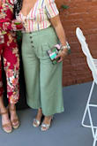 These pants are fantastic! I used a steamer to get the wrinkles out, which they basically just fell out very easily! Comfortable, with stretch for the hips and bum. Great color and the buttons are a great accent. 10/10! - Michele B.