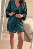 The dress looks great and fits perfectly for New Year parties. The color is emerald green and gorgeous.
The only downside is that the sequins hook up to each other every once in a while, especially between the arms and the bust or waist and it's annoying sometimes. - Mona B.