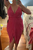 I'm 5'6" and 206lbs and bought a large. I usually buy XL in all clothes online but they were sold out at the time and I took a gamble. The dress fit fine, it is very stretchy but the lining on the inside was way too short. This could be because I should have sizes up but I knew I would not be able to dance in this dress. Like other reviewers, I noticed that the straps were holding on for life by a few threads. I chose to return it - Sarah B.