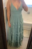 Pros: love the color, the ruffles. Cons: long even with 2-inch heels; the material was heavier than I expected, and the straps seemed flimsy - Hannah M.