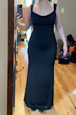 I love this dress so much! Very beautiful material, stretchy and slinky, not too thick so it's comfortable in the summer. The low back is extremely flattering, and the neckline is a nice elegant cowl neck without too much material - it doesn't bunch awkwardly. The straps are a bit long for me (they fall off sometimes) but should be easy to alter or secure with fashion tape. The dress hugs your belly and butt/thighs so if you have some lower belly fat like me, I would recommend adding shapewear (but don't get high-waisted shapewear because it'll show in the back). I recommend sizing down in this one - I had to exchange for a Small, the top in the Medium was way too loose.  The length is good, I don't need to hem it if I wear heels. Photos are of the Small with 2.5" heels, no shapewear. - Polina V.