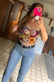 This top is SOO cute! After reading other reviews I sized up to a large and I'm so glad I did! Since it doesn't have stretch, I was afraid of the thick strap on the bottom being too tight on my waist (and it would've been if I got a medium). I also love that it has the option for straps (comes with it) or you can take them off for a strapless look. - Shannon C.
