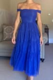I really liked this dress and felt like a princess but the arm straps were too small! I bought it for a wedding as the tulle overlay wouldn't show sweat and really liked the color and fit of it. The material was kind of sewn unevenly but not noticeable. However, the straps on the arms (one model is shown wearing them on her shoulders but the other has them off the shoulder - they won't stay up) were so tight I couldn't raise my arms up. So I wouldn't be able to dance or even put my hair up. For that reason, I returned it. - Julie T.