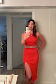 Got the orange piece, it was a tough decision between the orange and lime green. This outfit is so versatile, you can wear it to lunch or in the evening. Love the ribbed material, it's a nice fit and you have room to stretch. A good mix of sexy and classy.
P.S. I washed it on delicate in cold water, dried it for about 20 min on de-wrinkle/fluff and then hung it up to dry completely. Then I ironed it on low, just where the material needed it. That's how I roll, I know Lulus recommends hand washing every garment, but that's extremely time consuming and this method has worked for me. - Valeria M.