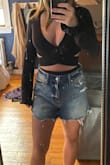 I just tried on with jean shorts I got - I'd wear with something else but overall like it if styled correctly! Fit well, would likely tape boobs. The shorts are too big so ignore them.
I ended up wearing them with jeans high waisted and leather leggings too - both cute! - Liz B.