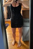 A simple dress. I love it BUT it's way too short. I paired it with a jacket and kicks but it's so short. If you bend over, it shows everything! I took the picture quickly so I'm sorry for the quality. In person if you bend even slightly your booty will show. I wish it was about an inch longer. I ended up donating it (sad) - Liz B.