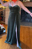 High waist hits me well. High slit. Too long for 5'6 wearing heels. Nice heavy velour material. Can't tell if the top is flattering on me. Overall, it fits as expected, just unsure if it's for me. - Michelle V.