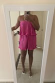 I bought this thinking it would be a good outfit for an upcoming bachelorette party. It's fun and flirty, and I love the hot pink color. But it didn't flatter my body at all so I had to return. It also doesn't lay flat in the front which is annoying. - Donna L.