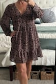 I love leopard print, and this gorgeous little dress was on clearance! I ordered extra small. I'm petite-framed and the dress is meant to be loose, but it fits in all the right spots like sleeve length as well as length of dress. I am looking forward to wearing this when it becomes boot season in the fall. It's super comfortable & light weight. - Laura S.