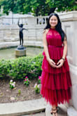 The dress is pretty and easy to put on. Came wrinkled but it could be easily removed by iron or just simply hanging up for days. Suitable for skinny body type, as it has a lot of layers and may make you look bulky - Amy L.
