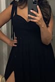 I wore this black number to a friends wedding in Santa Barbara. It was comfortable, beautiful, and dare I say - had just the right amount of sexy with a slit on the left side that didn't go up too high  and straps that tie on the shoulders. I'm a tall gal too, and wearing this dress with heels still qualified as floor length! Bonus: the straps are thick enough to wear a regular bra (instead of strapless) without having them show! Flowly and fabulous! You won't regret buying this dress! - Stephanie A.