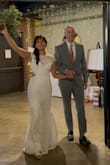 This dress was everything for my wedding! Lace fabric is light and airy to wear yet has a weight to it that is luxurious. I had the top fringe cut off during alterations to allow for some more neckline and had the dress taken in a bit at the hip since I tend to run in between S and M sizes. It was so comfortable to wear all day and hugged my body just right. Highly recommend! - Laura J.
