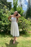I purchased this dress for vacation and loved the light and beachy vibes that go with really any place like Europe/Latin America/Hawaii etc. The fabric is not heavy or hot and feels to be good quality. I am a typical size small (Measurements: 34-27-38) and the dress fit perfectly fine. I could see it possibly being a little tight in the bust if you have anything larger than a C cup. The dress is form-fitting against the bust and then loosens out after the rib cage. I felt that the dress was flattering and felt great in it. - Arlette M.