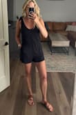 This romper is so soft and comfy. The ties for the straps are adjustable and the romper has pockets! This is a great staple to add to your wardrobe. Can be dressed up or down. - Candice M.