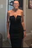 I love the style, a little long so I had to wear higher heels. The only major issue was the zipper. Very difficult to zipper up & down. also, the fabric was sewn at least 2" up the zipper making it impossible to fully unzip. The slit is tasteful, I've purchased dresses where the slit was too high and in an awkward place. I was able to wear a strapless bra without it showing. Was hoping to go braless however the bust was too large for my 34 B. - Jennifer C.