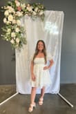I ordered this dress to wear for my bridal shower and it was perfect! I received so many compliments on it and everyone wouldn't stop talking about it! The dress itself was comfortable and true to size. The length was perfect and not too short. I loved it so much I may even wear it again for my rehearsal dinner! - Maleah H.