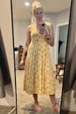I reallllly wanted to like this dress because yellow is my favorite color, but this one kind of missed the mark for me. First off, there's no zipper so you have to pull it over your head and the waist is TIGHT. I'm typically a size 6 and ordered a medium (my usual size) and I was scared it was going to rip going over my chest. Once I got it on, the pattern was pretty, but because the waist has no stretch, I could see it being uncomfortable if I was full/bloated. It also didn't really do anything for my figure so I sent this one back. - Laura M.