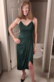 Wore to a summer wedding in Chicago. Perfect fit. 100% polyester, so it wrinkles easily, but other than that it is perfect. Fits true to size and held up well to a night of dancing. I felt really beautiful in it and received many compliments!! Gorgeous color, too. The sexy little slit is fun, too!! - Patricia W.