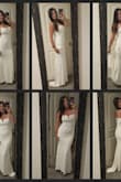 I ordered this dress for my courthouse wedding and I think it's a winner! I'm 5'8.5" and the dress is the perfect length. With 3 inch heels, the front of the dress is only an inch or two off the ground while the back trails. I love the notched neckline. I'm not wearing a bra in these photos and I'm questioning if I even need to bother with one at all. I ordered the medium and it fits but will be easier to zip with someone to help. I'm usually a small in most stores but went up a size based on the size chart here. - Abby W.