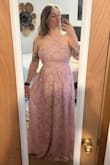 Such a cute dress, but couldn't zip it up all the way due to my chest being a tad too big. I'd say if you have a D cup or smaller you should be able to get away with it - anything larger you'd have to size up. Waistband was a little snug on me, which would probably annoy me if I wore it for a long time. Also, if you're lighter skinned like me, the light pink color may wash you out a little. Overall a beautiful dress but decided to return it. - Sheridan A.