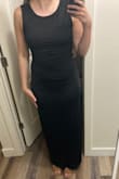 Wearing to black tie optional wedding. Super comfy stretchy material and good quality. May need to wear some shape-wear with it. Love how the side slit is truly on the side and not the front part of the leg. - Dana J.