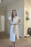 I have been hooked on Linen lately and decided to splurge on this dress. It's lined with Rayon so it's not see through. The material is very nice, but the loops for the belt are very thin and I worry about them breaking. Luckily I have a woven belt that pairs well with this dress. I normally wear size S but XS was definitely the way to go. I haven't ironed or washed this yet so pardon the wrinkles in the photo, I also just got out of the shower! ha! - Janelle G.