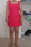 Fit: Very good fit and style, slightly A-line. The straps are ribbons, so tie before wearing, or else looks lumpy. 
Color: The red is not chilly red, slightly lighter. Length: Sits slightly above the knee so just the perfect short without looking midi or odd thighs. 
Material: it's not that thick so good for summers without the rashy underarm feeling. 
Only concern: the armpit cuts are a little too big so slight (very slight) extra fabric stays loose around the armpit instead of hugging it. But it's barely noticeable. - Kay D.