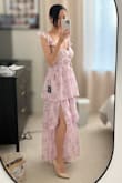 Lovely flowy dress with side slit. It's perfect for special occasions and super lightweight. The material could be thicker but overall this dress is a keeper in my wardrobe. - Suk Y.