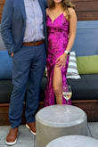 Beautiful dress, lots of compliments. Stretch was good but may need more support on top. Found myself pulling up dress when sitting so bra doesn't show. Length perfect with heels. - Thuy N.