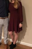 I bought this dress for a 4 year anniversary day and I absolutely love it! It is such a pretty color, looks great with black shoes, and it's so comfortable! The only downfall of this dress is that it is just a bit tight on my belly so I felt like I couldn't eat too much or else it would be really uncomfortable. Other than that I absolutely love this dress! So cute. - Olivia D.