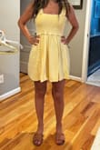 Best summer dress ever. Light, airy, soft, beautiful, baby yellow, casual dress that you will reach for because it's so easy, and you can wear with a regular bra. It's a no brainer! Runs true to size. I ordered up a size bc I wanted a looser, longer fit. - Marline K.