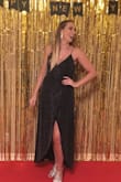 This dress is so flattering. I read another review that said so, and I agree! I had to shorten the straps a bit, but it's a beautiful hem and not at all see through! - Ellen P.