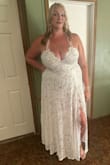 Let me just tell you, ladies, I looked at SO many dresses and never had the "this is the one moment" until I saw this. I cried when I saw it online! Then when it came in and I tried it on I didn't want to take it off! I have never felt more beautiful than I did in this dress. It is simply stunning. Now- if you have large ladies, you will need one of those backless bras, but that is alright- mine have a mind of their own and are NOT to be let out without supervision. I am 6'4 and this dress almost hit the ground on me. I would have liked to go up one size, but I am a fluffy girl and the 3x is all I could get, but I got into it, nonetheless. If I could give this dress 20 stars I would. This was the perfect feel for our little backyard ceremony, and I had SO many compliments on it. If you think this is the one for you, get it. You will NOT regret it. - Jacy N.