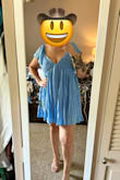 I ordered the large first (1st pic) based on reviews, but it was large in the bust with no way to adjust and the cups seemed to fall outwards even with my larger chest. I also had 2-3 in of room in the waist. I ordered the medium (2nd pic) and returned the large. The medium fits much better, no gapping in the boob cups, and it falls on my body much nicer.  It has a slip, which is nice. The zipper is hard to get up. It'll need a steam, but the quality of the dress overall is great! - Sophia S.