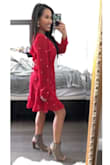Love the red fabric with the star embroidery! The backless ruffle detail is my fav! Such a fun & tastefully sexy dress. I'm so short and petite so the hem is slightly above my knee. Which is perfect for me! The arms are pretty stiff so I wouldn't recommend crazily moving your arms up and down lol! Or I could see it ripping for sure. Perfect for date night or girls night out or church! - Marielle N.