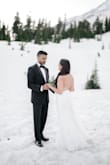 I had gotten this dress for our epic elopement in the mountains and it was perfect. I wanted something simple yet unique to highlight my petite frame. The dress itself is overall covered with lace with clear crystals scattered throughout. The back is the statement of the dress. It's a cross-tie style with a veil-like train from your waist that gives it a wow factor. - Angela S.
