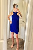 Love this dress! Fit a bit snug in the neck, felt like it pulled the neck back in the front. Love the length and the [color]. Wonderful blue for the Sultry Winter's out there! - Jillian P.