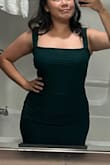 You will probably need a hem if you're under 5'4. I tried this on with 4 inch heels and still needed to take about 4 inches off the bottom. 

Really great fit for hourglass or thin/petite gals. I didn't need any shapewear with this. It's really stretchy so if you want an extra tight look you could probably go down a size. Fabric isn't heavy at all! - Kassandra S.