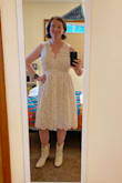 I bought this dress during my long search for a dress for my wedding reception. I was pleased with the quality of this dress. The lace is made out of comfortable, not scratchy, fabric yet feels sturdy enough to withstand dancing. The dress features a layer of crinkly light-weight plastic mesh between the liner and the lace to add volume. That is a nice touch. I dress was tight for me around my breasts, but that wasn't surprising given my cup size and my "barrel chest." I bough this dress on final sale, so I'm keeping it, but I won't be wearing it at my wedding because it just felt too casual even for the reception and just didn't make me feel like a bride. - Allison B.