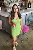 Fell in love with dress when I saw it online! Love the material, color, and has an underlining! The dress is linen but does has a slight stretch. If you are in between sizes or would like a loser fit I recommend sizing up. If you are looking more of a body fitting dress you may size down. - Amanda D.