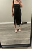 Got this to wear to a wedding. Got the xxs I'm 411 and it was too long on me. The straps are too long they keep falling off the shoulders. I also didn't like how the fabric bunched up on my stomach area. Will be returning - Eli R.