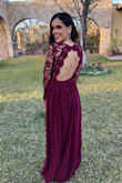 I ordered the dress for a friend's wedding, I really loved it. The lace on the sleeves is not stretch but it fits well in my arms. It looks better in person than in the picture, the quality is very good and it looks amazing.
I really loved this dress, it fits perfectly. - Gabriela M.
